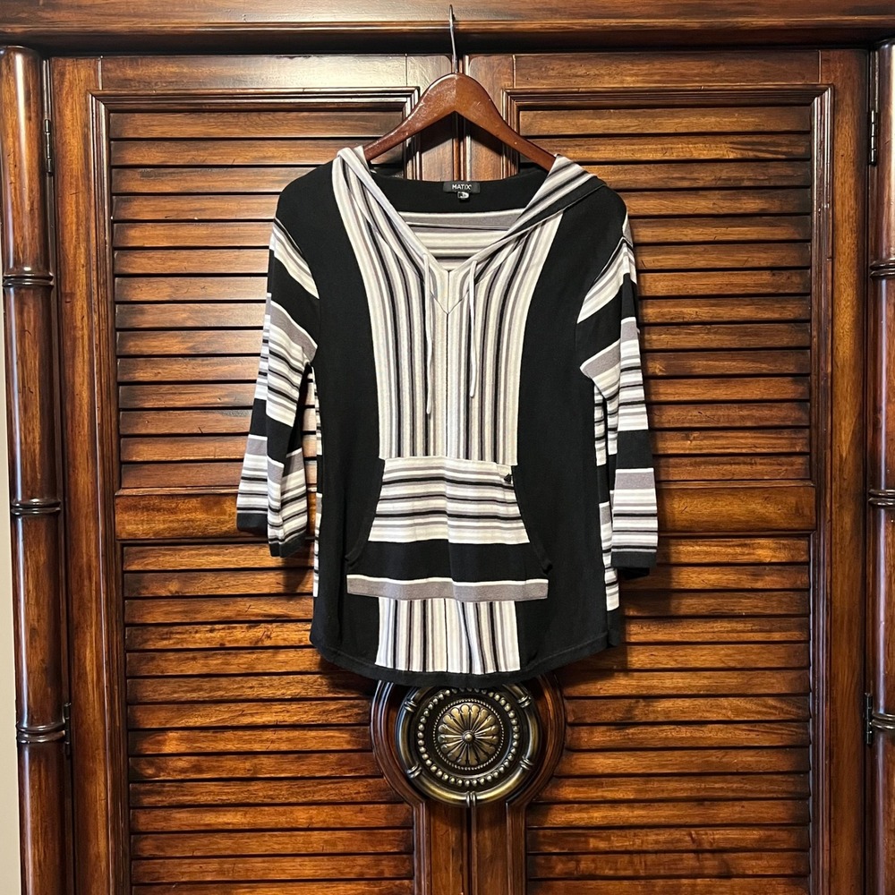 Matix Heart Wood Bamboo Cotton Grey Stripe Baja Pullover Hoodie Size Small